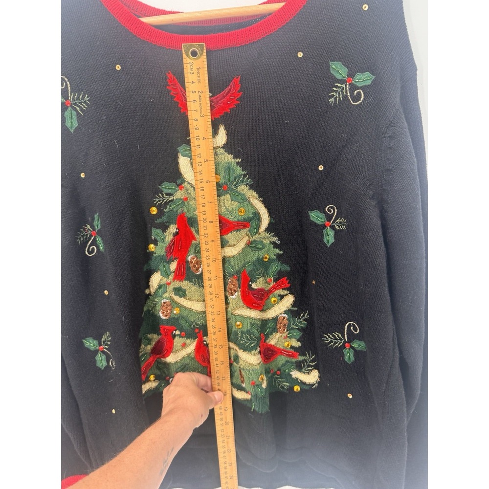 Vintage Christmas Sweater Women L Cardinal Tree Embroidered Beaded Ugly Xmas - Picture 4 of 6